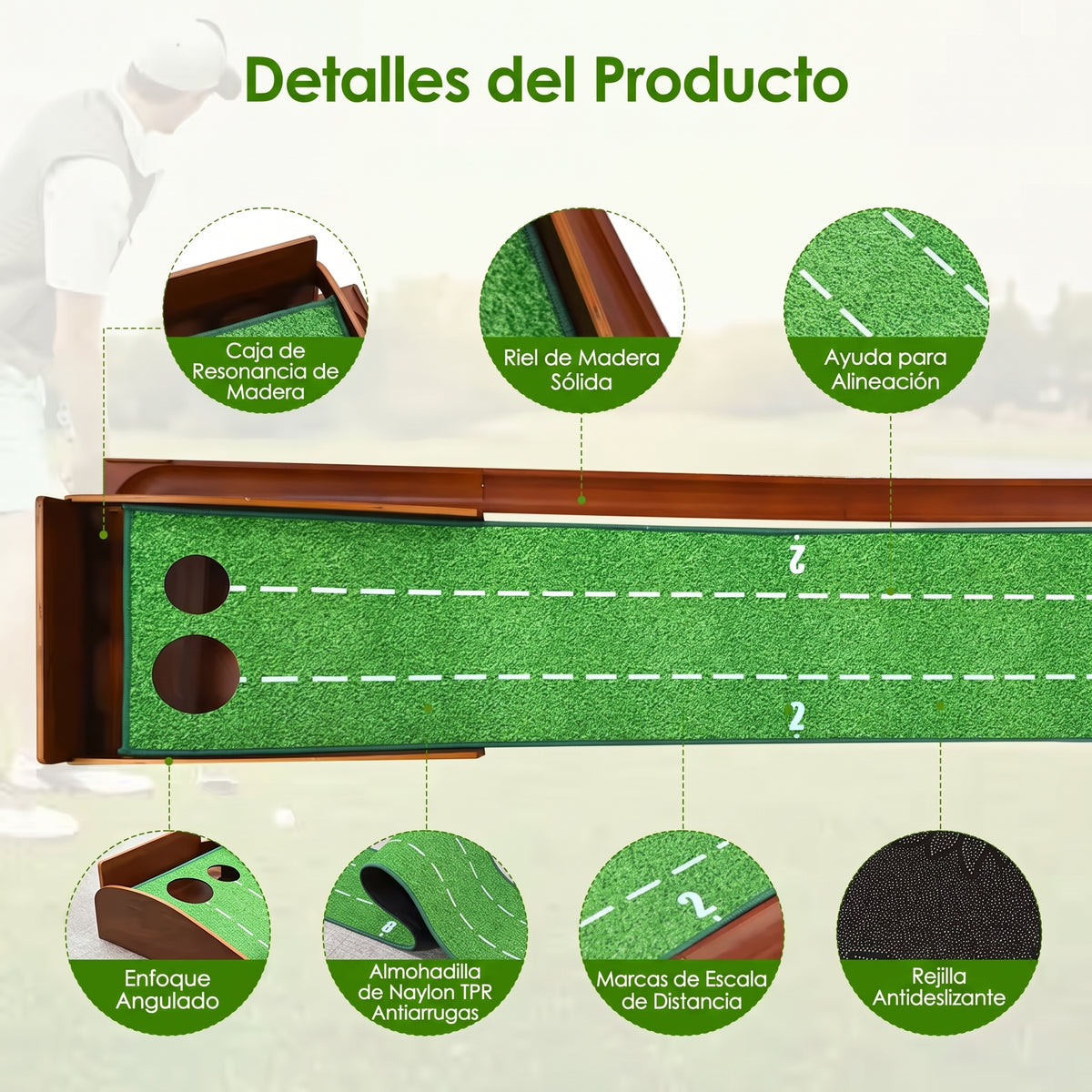 Detalles de materiales de la alfombra de putting Puttora