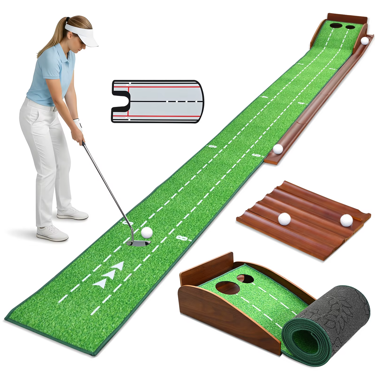 Mujer practicando putt de golf en casa con la alfombra Puttora