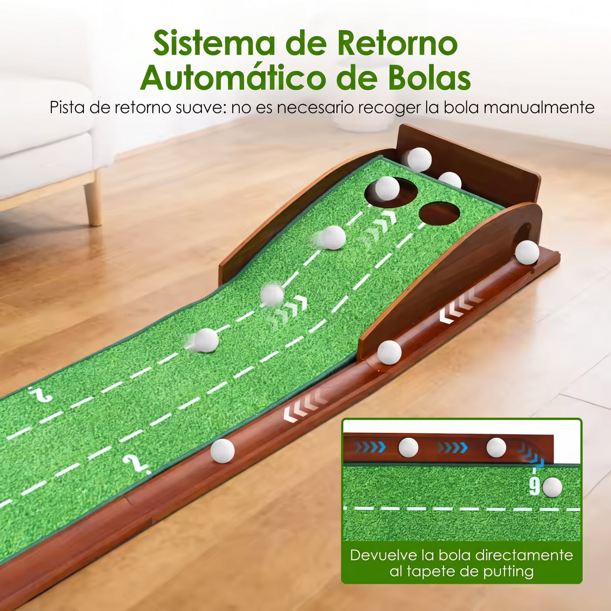 Sistema de retorno automático de bolas de la alfombra de putting Puttora